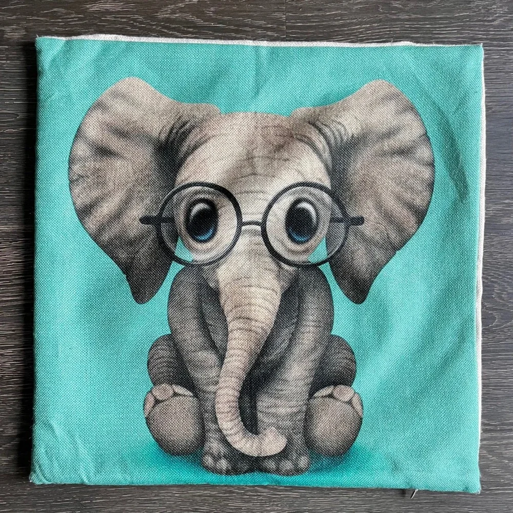 Baby Elephant with Glasses Teal Throw Pillow Cover Square Linen Blend Whimsical